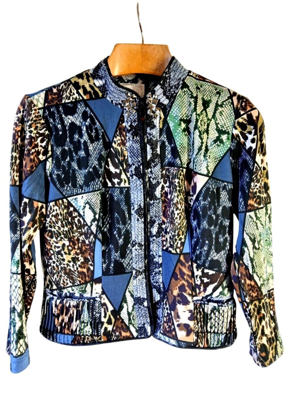 Alberto Makali Womens Animal Print Patchwork Jacket Size L Studded Collar Y2K